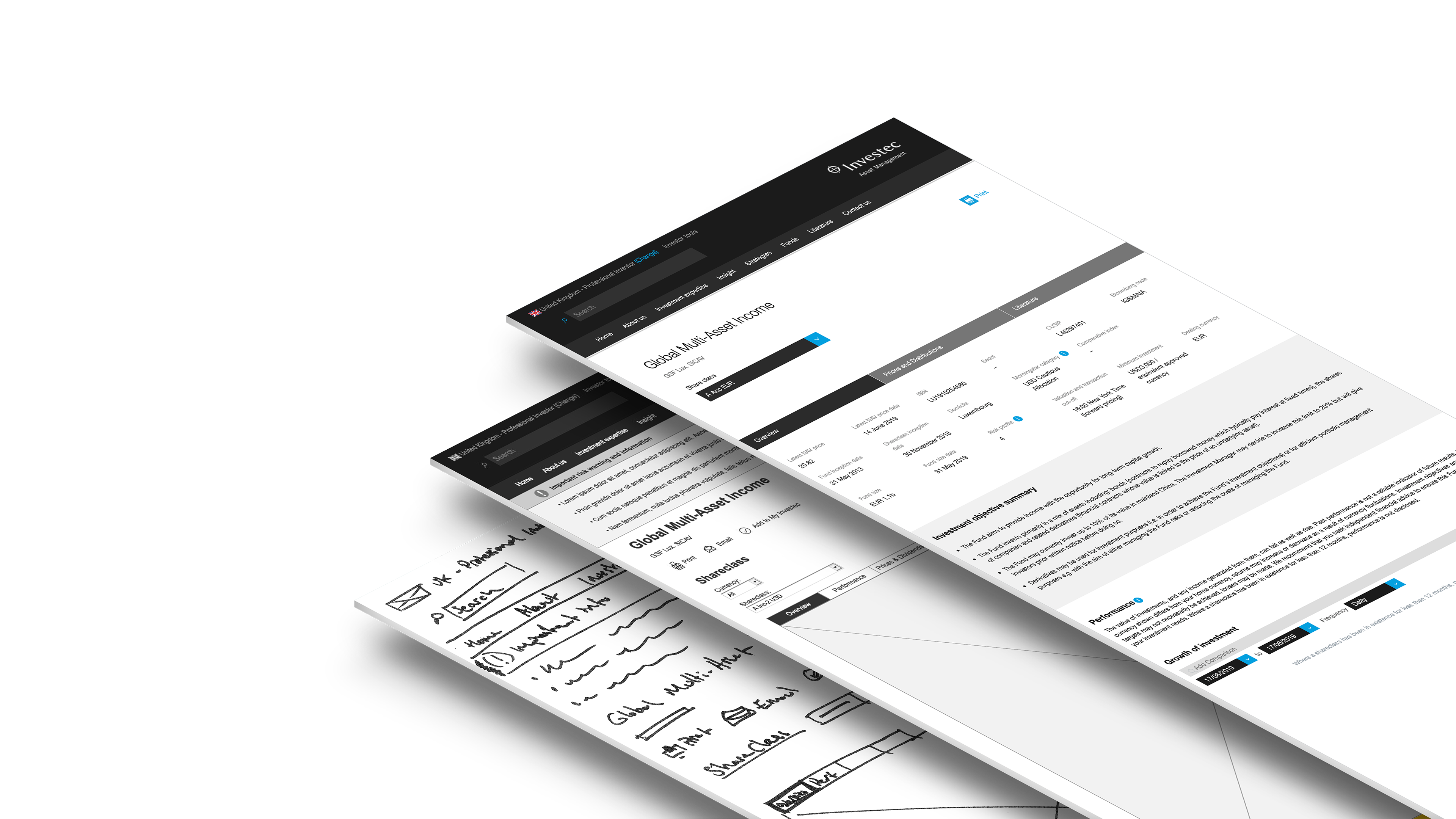 Examples of development of designs from sketches to wireframes