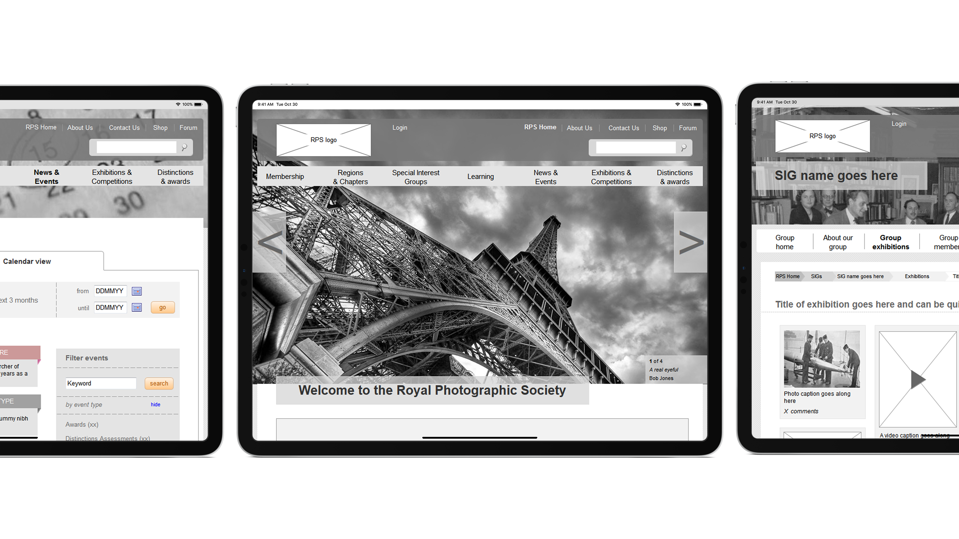 Wireframe designs of RPS website