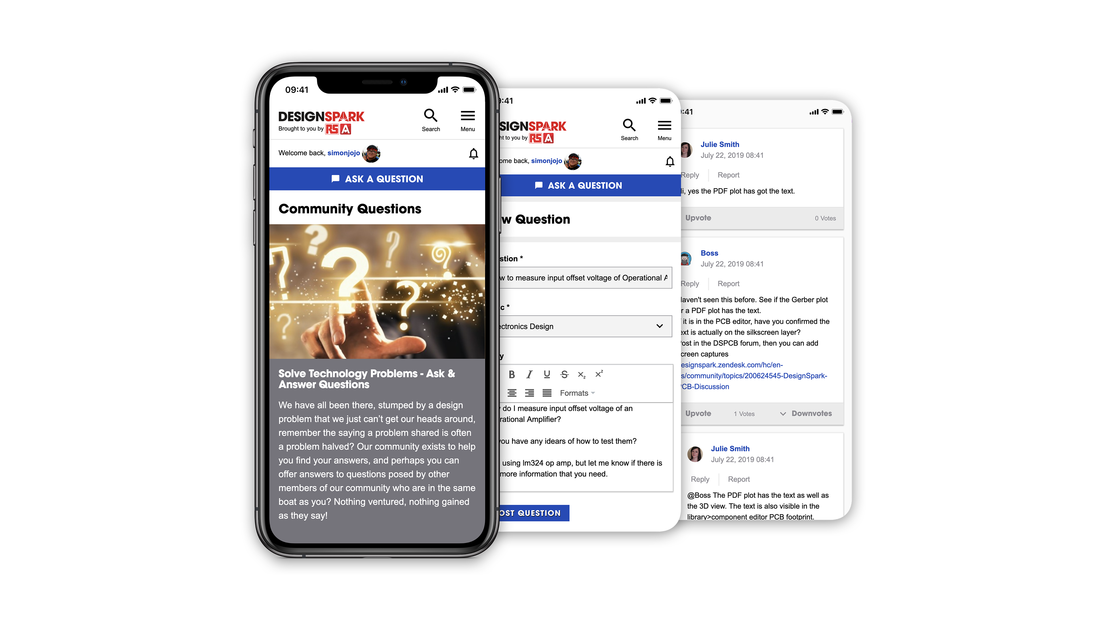 three mobile website pages overlapped for RS Design Spark