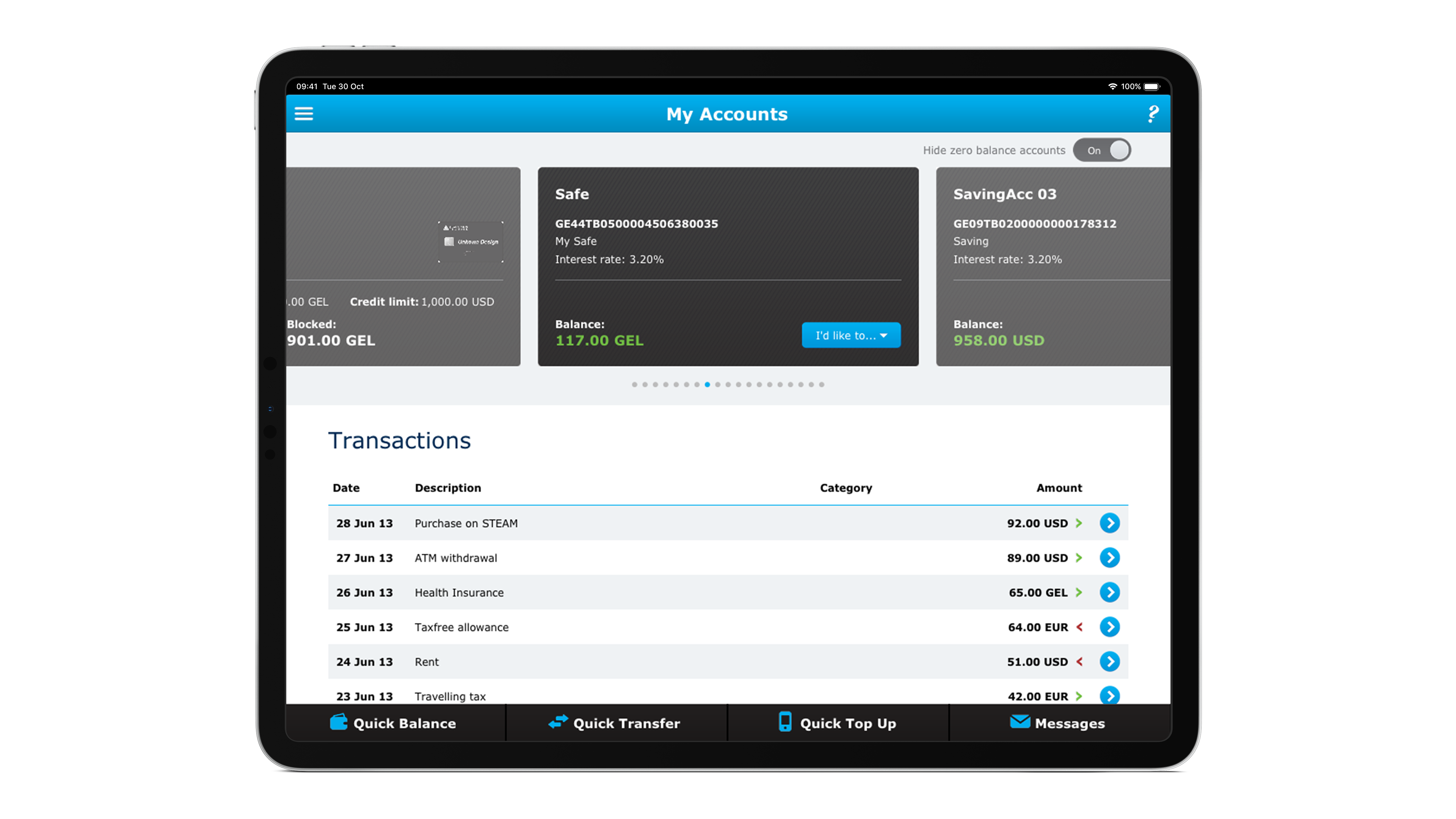 Ipad view of TBC transactions list