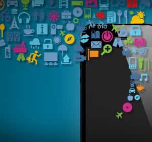 Smartphone with graphic showing common smartphone activities