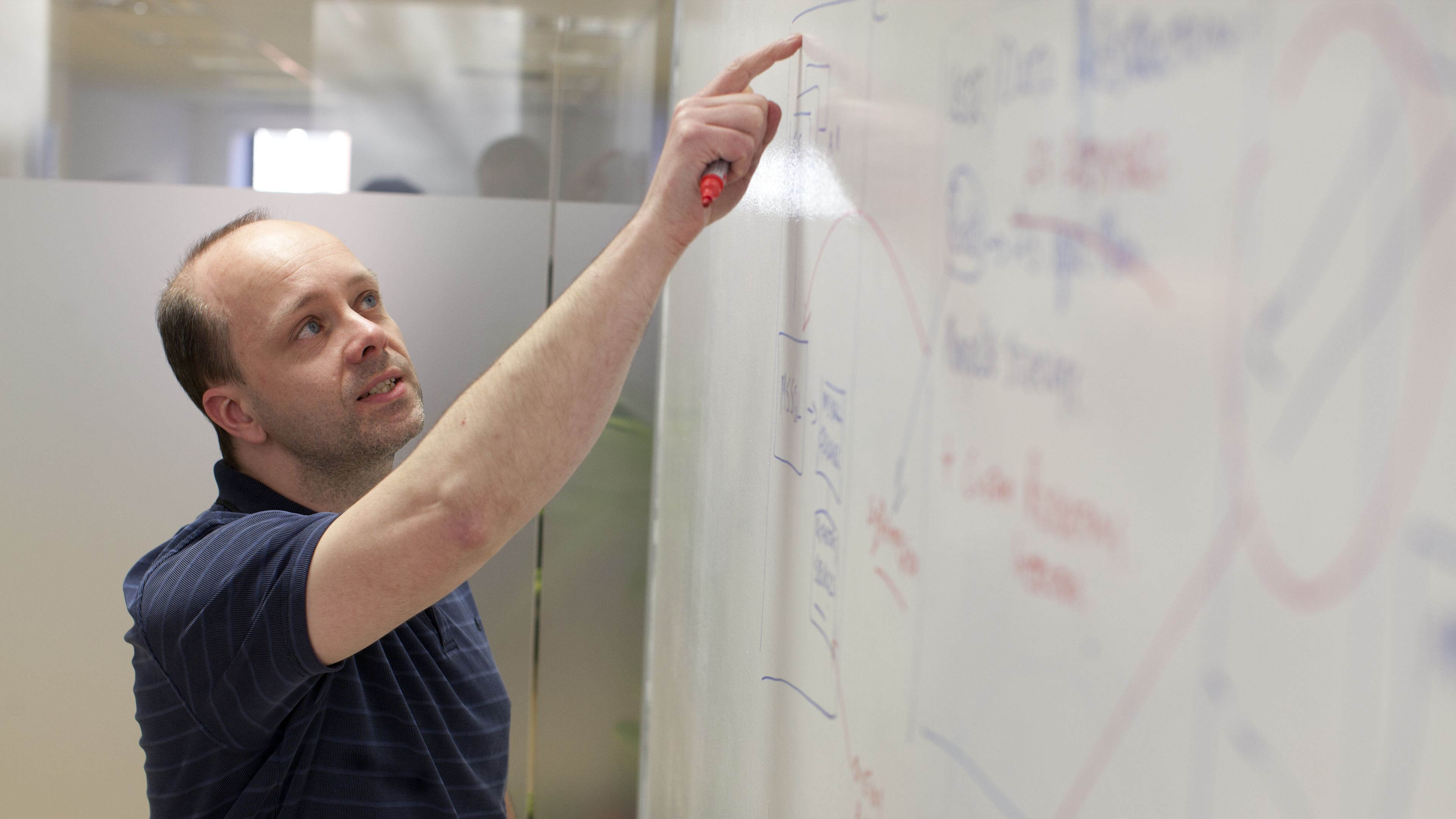 Team member reviewing architecture plan on wall