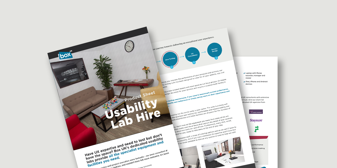 Spead showing pages from Usability Lab Hire product sheet