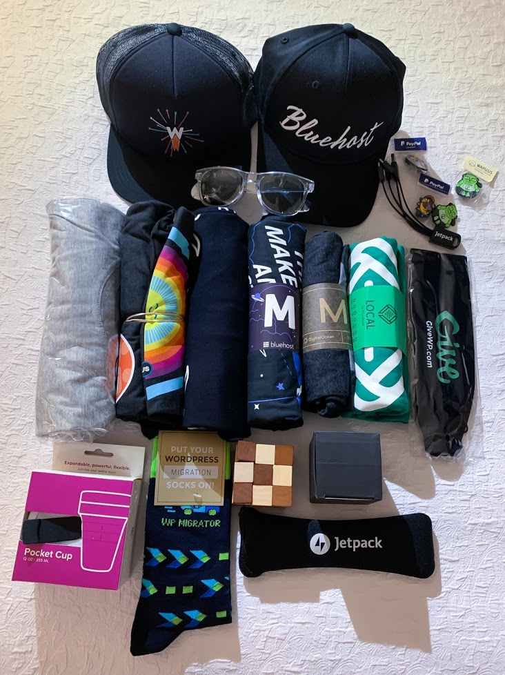 Merchandise from WordCamp exhibitors