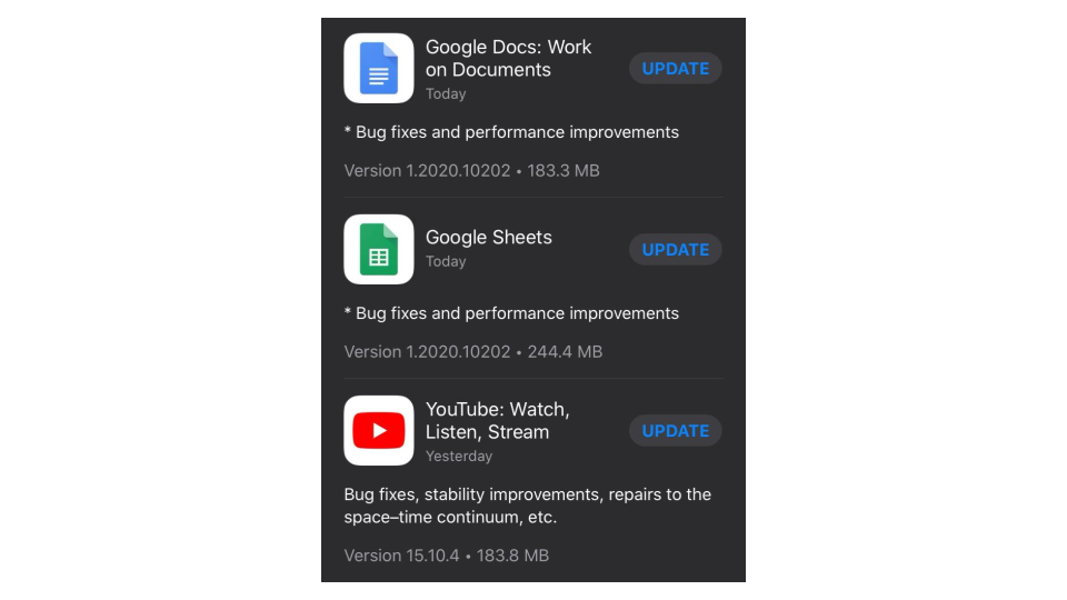 Screenshot of recent app update notes