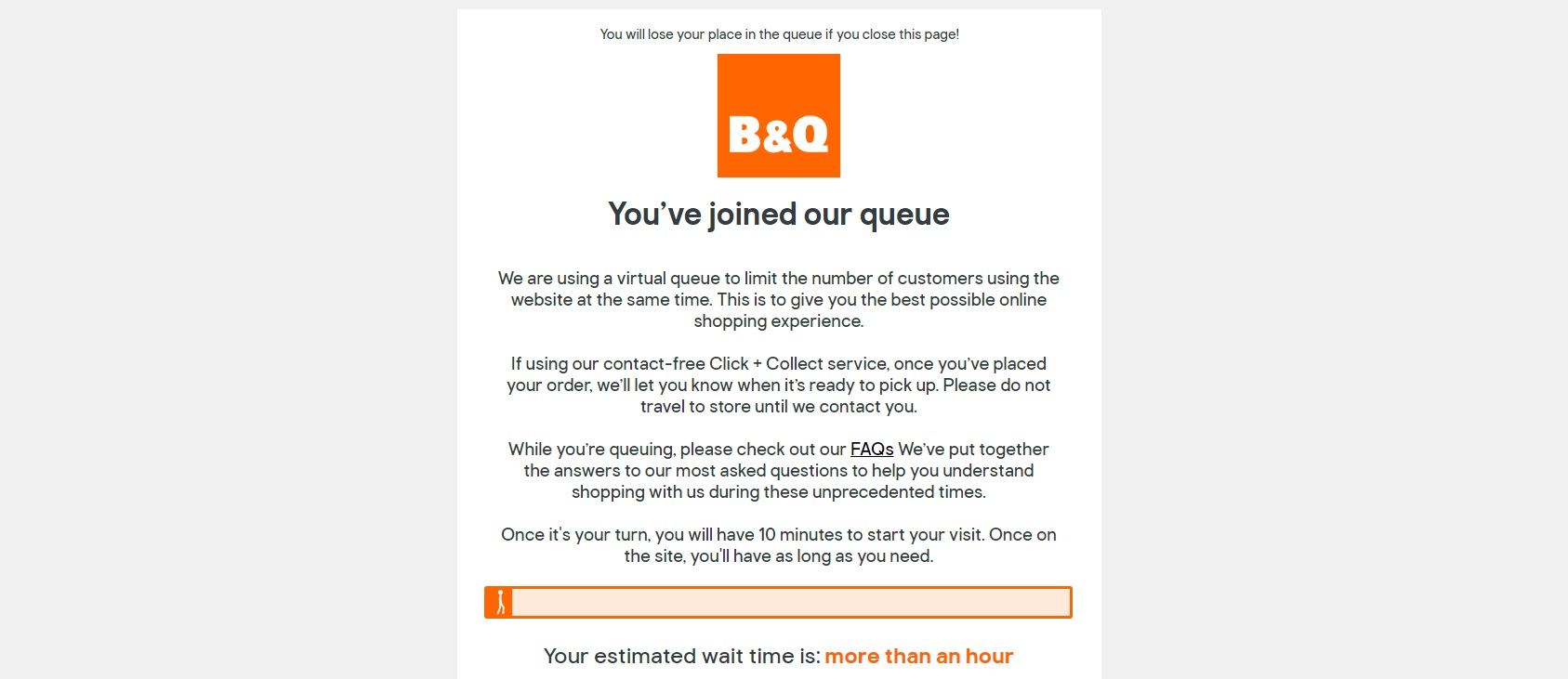 Screenshot from the B&Q website showing its queuing system