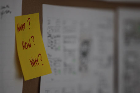 Post-it note on wall with 'What?', 'How?' and 'Why' written on it
