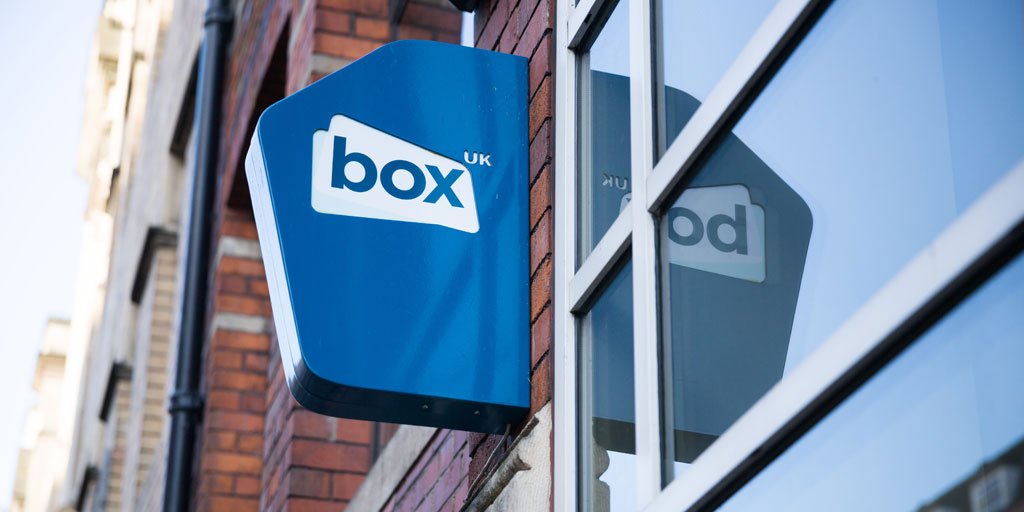 Box UK office exterior with sign outside door