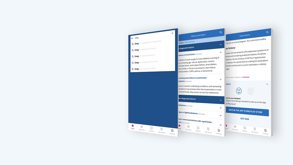 three screens view for BMJ Best Practice App