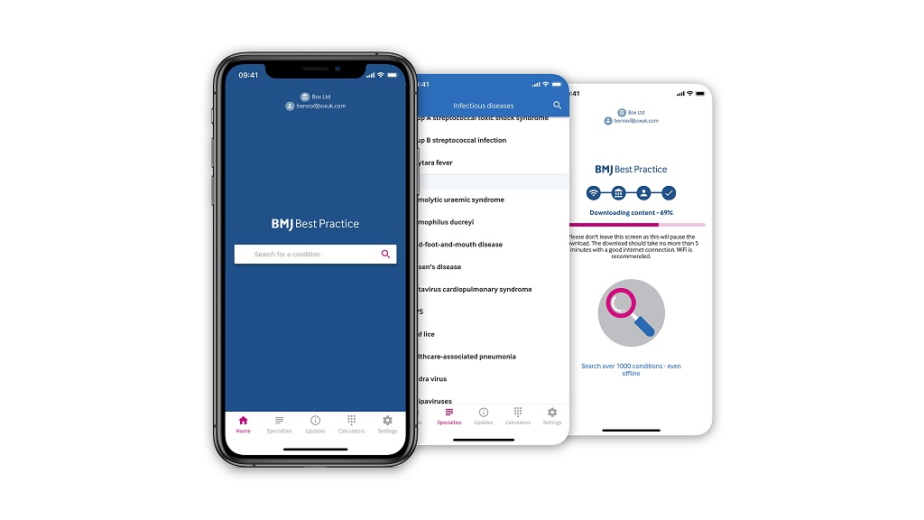 three screens view for BMJ Best Practice App