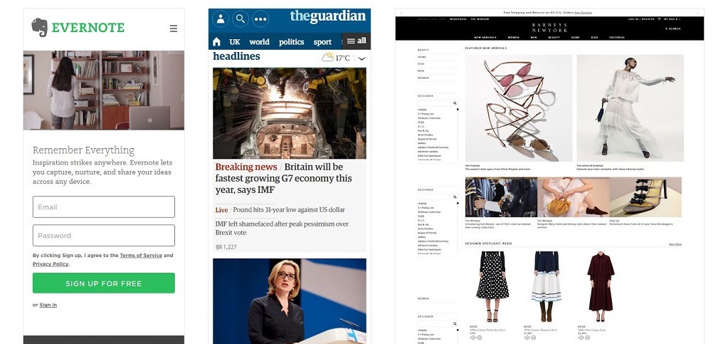 Screen shots of Evernote The Guardian and Barneys
