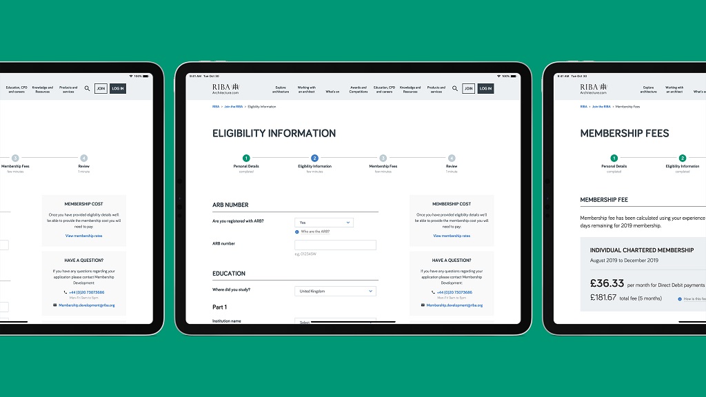 three iPads screen views for Riba