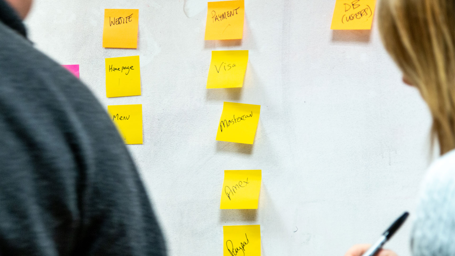 Two people adding post-it notes to a wall showing different payment options