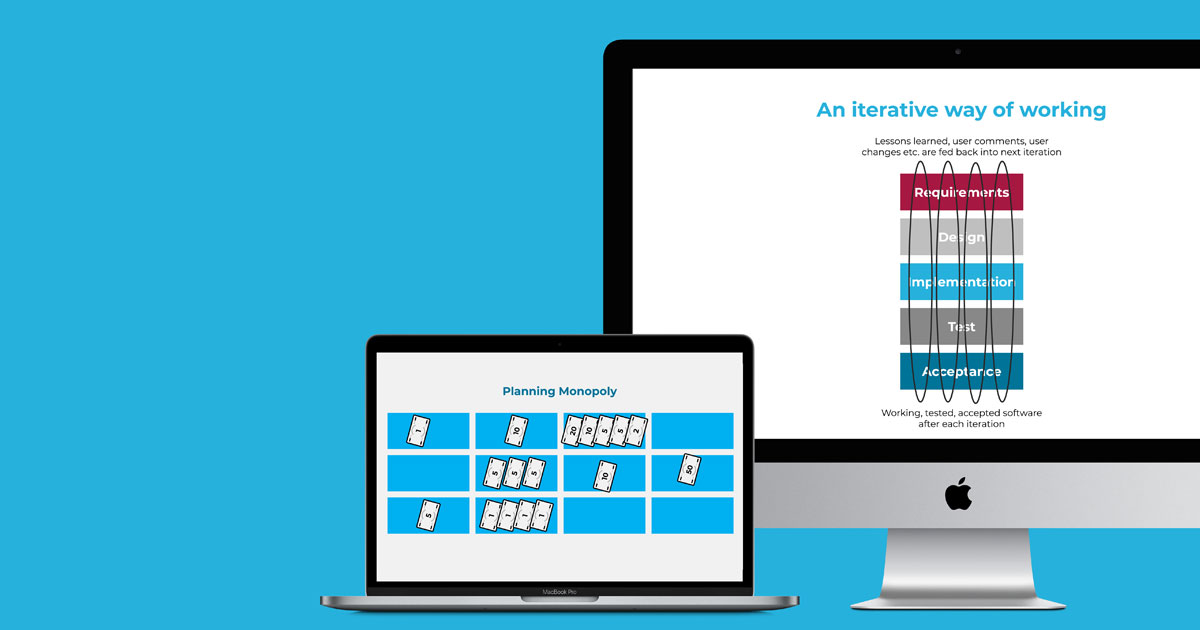 Screenshots of Agile coaching materials, showing Planning Monopoly and iterative working