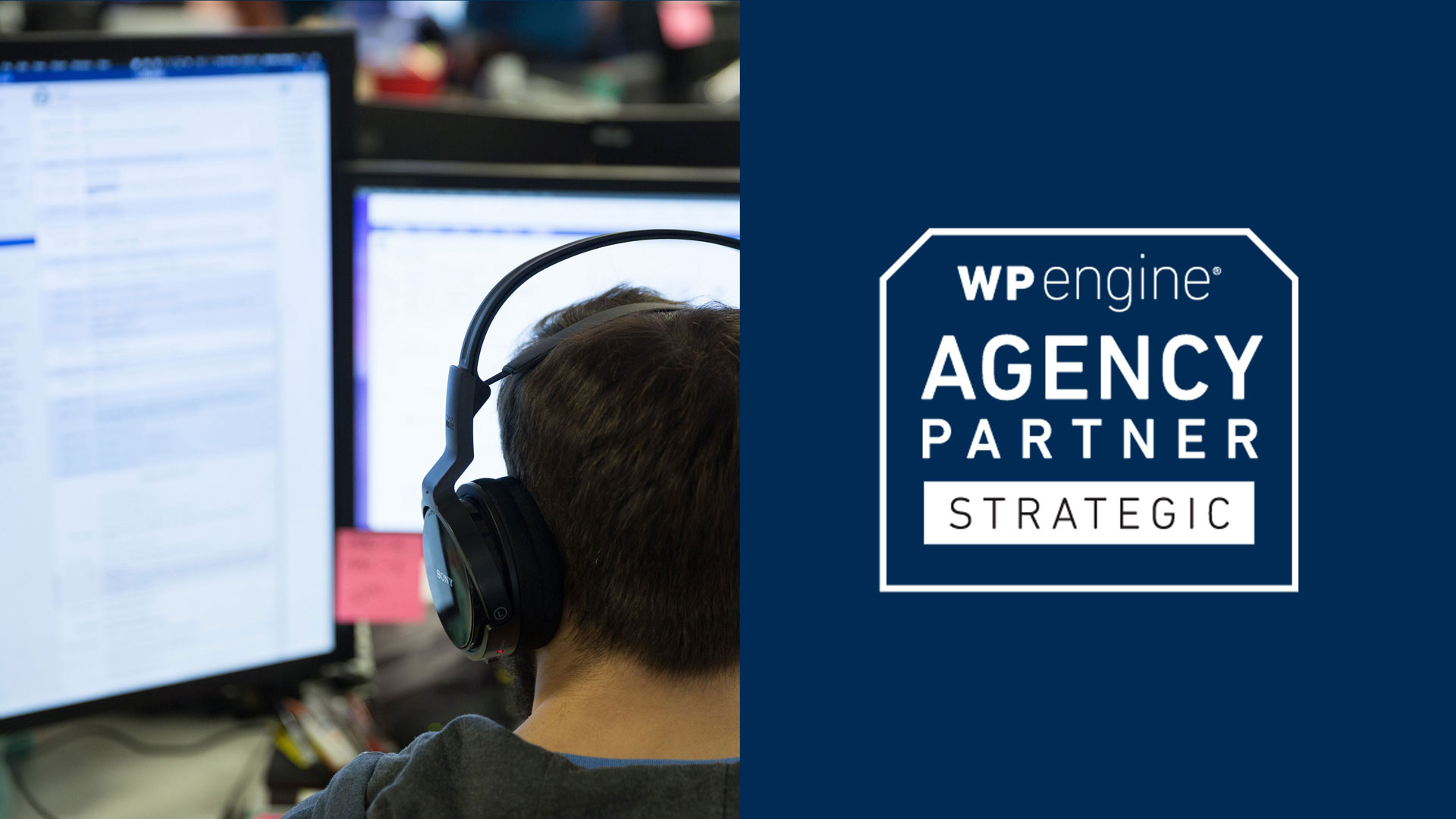 WP Engine Strategy Agency Partner logo, with a photo of a developer