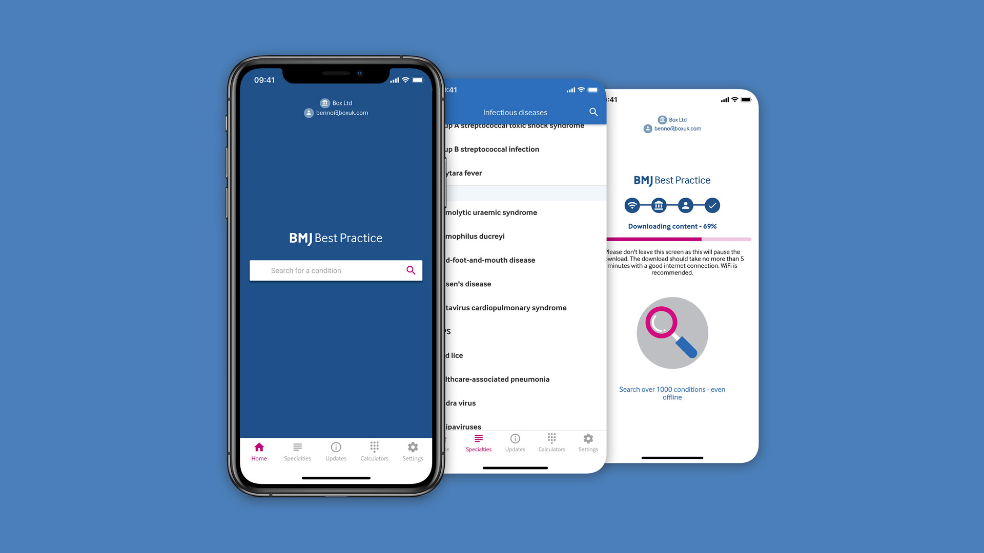 3x mobile screenshots showing the BMJ Best Practice app