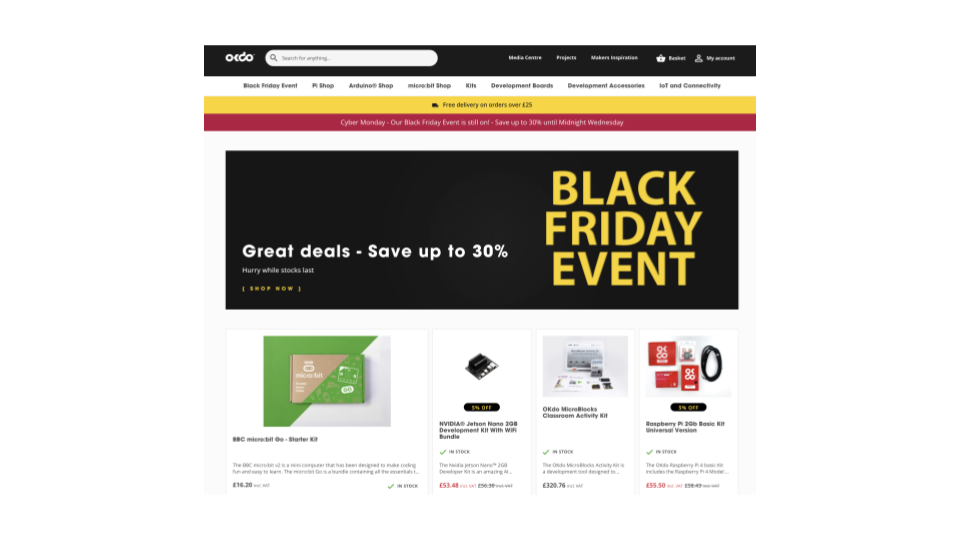 Screenshot of OKdo website showing Black Friday features