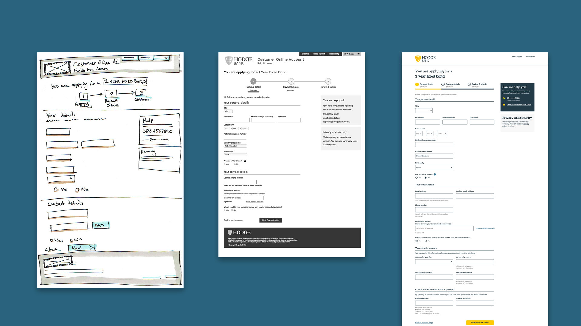 Examples of development of designs from sketches to wireframes