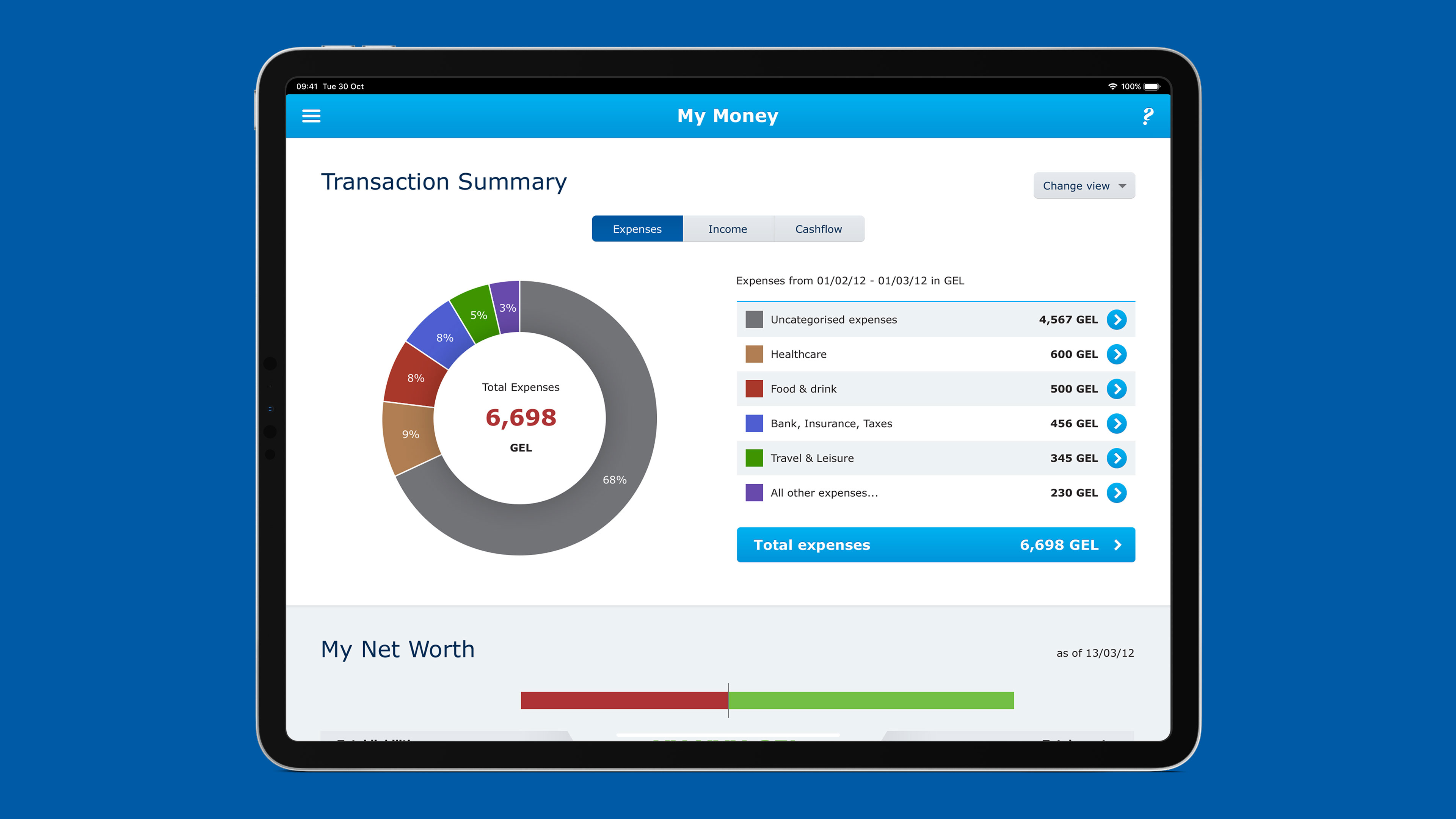 Ipad view of TBC transaction summary