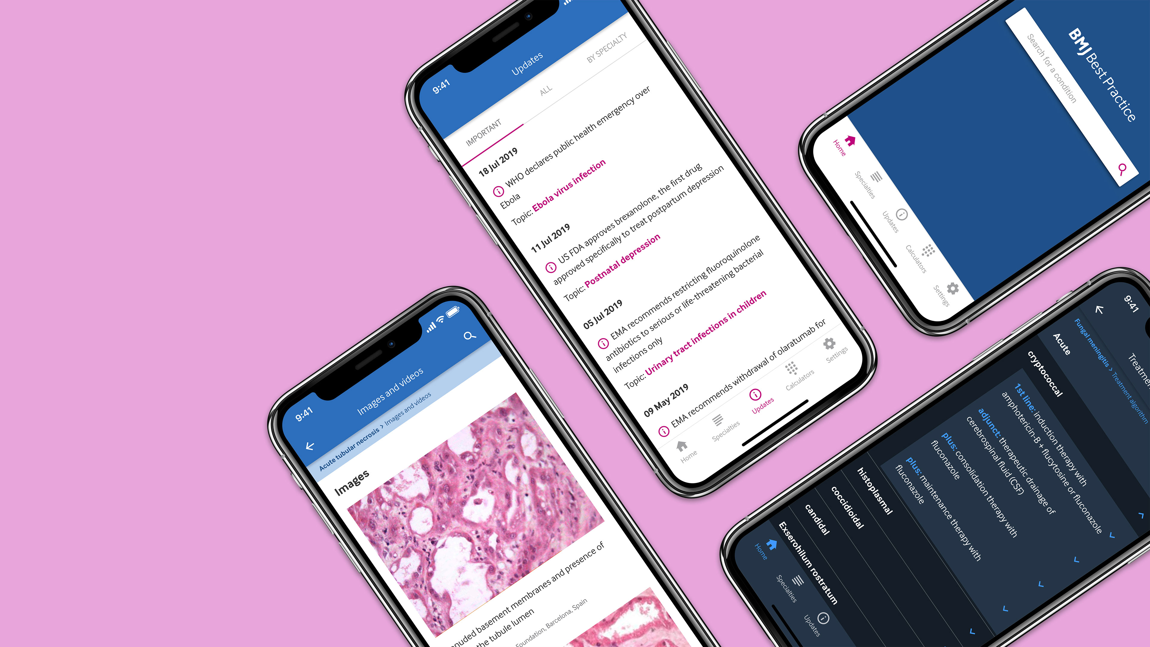 Screenshots of BMJ Best Practice app on mobile phones