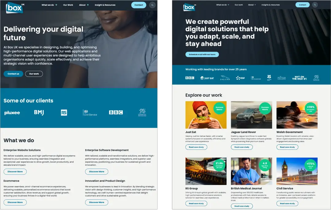 2 screenshots of the Box UK Homepage. It shows how little information was shown prior to the redesign.